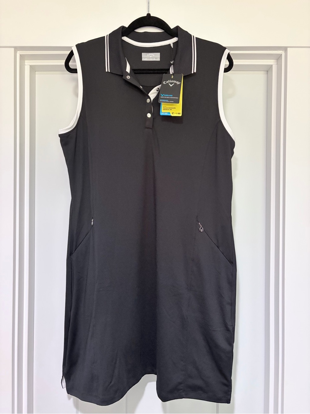 NWT. XL Callaway Black Collared Golf Dress with White Trim. UPF 50.